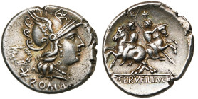 C. Servilius, AR denier, 136 av. J.-C., Rome. D/ T. casquée de Roma à d. A g., couronne et . A l'ex., ROMA. R/ Les Dioscures à cheval, galopant en se...