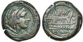 P. Maenius Antias, AE quadrans, 132 av. J.-C., Rome. D/ T. d'Hercule à d., coiffé de la dépouille de lion. Derrière, trois globules. R/ Proue à d. Au-...