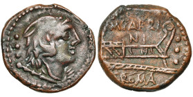 M. Fabrinius, AE quadrans, 132 av. J.-C., Rome. D/ T. d'Hercule à d., coiffé de la dépouille de lion. Derrière, trois globules. R/ Proue à d. Au-dessu...