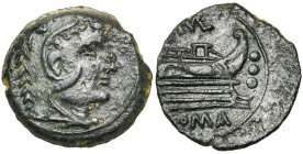 Q. Caecilius Metellus, AE quadrans, 130 av. J.-C., Rome. D/ T. d'Hercule à d. Derrière, trois globules. R/ Proue à d. Au-dessus, Q. . Devant, trois g...