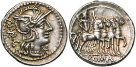M. Vargunteius, AR denier, 130 av. J.-C., Rome. D/ T. casquée de Roma à d. Derrière, M·VARG. Sous le menton, . R/ Jupiter conduisant un quadrige à d....