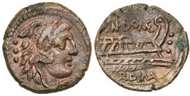 Cn. Domitius Ahenobarbus, AE quadrans, 128 av. J.-C., Rome. D/ T. d'Hercule à d., coiffé de la dépouille de lion. Derrière, trois globules. R/ Proue à...