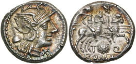 T. Quinctius Flaminius, AR denier, 126 av. J.-C., Rome. D/ T. casquée de Roma à d. Sous le menton, . Derrière la t., apex. R/ Les Dioscures chevaucha...