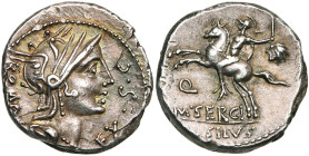 M. Sergius Silus, AR denier, 116-115 av. J.-C., Rome. D/ T. casquée de Roma à d. Derrière, ROMA . Devant, EX·S·C. R/ Cavalier à g., ten. un glaive et...
