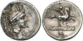 L. Marcius Philippus, AR denier, 113-112 av. J.-C., Rome. D/ T. à d. du roi Philippe V de Macédoine, portant un casque orné de cornes de chèvre. Derri...