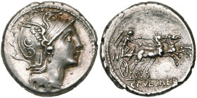C. Claudius Pulcher, AR denier, 110 ou 109 av. J.-C., Rome. D/ T. casquée de Roma à d. Un cercle sur le casque. R/ Victoire conduisant un bige à d., t...