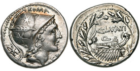 Q. Lutatius Cerco, AR denier, 109-108 av. J.-C., Rome. D/ T. casquée de Roma à d., le casque orné d'une plume et de deux étoiles. Derrière, . Au-dess...