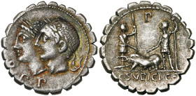 C. Sulpicius, AR denier serratus, 106 av. J.-C., Rome. D/ T. des Pénates à g. En dessous, D·P·P (Dei Penates Publici). R/ Deux soldats prêtant serment...