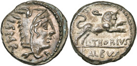 L. Thorius Balbus, AR denier, 105 av. J.-C., Rome. D/ T. de Junon Sospita à d., coiffée d'une peau de chèvre. A g., I.S.M.R. R/ Taureau chargeant à d....