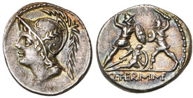 Q. Minucius Thermus, AR denier, 103 av. J.-C., Rome. D/ T. casquée de Mars à g. R/ Soldat romain combattant un barbare en protégeant un second soldat ...