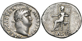 NERON (54-68), AR denier, 65-66, Rome. D/ NERO CAESAR- AVGVSTVS T. l. à d. R/ SALVS Salus assise à g. sur un trône, ten. une patère. BMC 212, 90; RIC ...