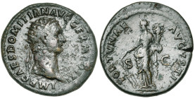 DOMITIEN Auguste (81-96), AE dupondius, 85, Rome. D/ IMP CAES DOMITIAN AVG GERM COS XI T. r. à d. R/ FORTVNAE AVGVSTI/ S-C Fortuna deb. à g., ten. un ...