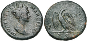 MARCIANA divinisée (†112), soeur de Trajan, AE sesterce, Rome. D/ DIVA AVGVSTA MARCIANA B. dr. à d., coiffé d'un triple diadème, les cheveux repris à ...