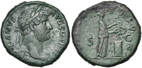 HADRIEN (117-138), AE sesterce, 133-135, Rome. D/ HADRIANVS- AVG COS III PP T. l. à d., l'épaule g. dr. R/ SALV-S AVG/ S-C Salus deb. à d., nourrissan...