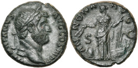 HADRIEN (117-138), AE as, 133-135, Rome. D/ HADRIANVS AVG COS III P P T. l. à d. R/ ANNONA AVG/ S-C Annona deb. à g., ten. des épis au-dessus d'un mod...