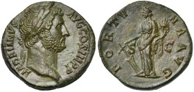 HADRIEN (117-138), AE sesterce, 137-138, Rome. D/ HADRIANVS AVG COS III P P T. l. à d. R/ FORTVNA AVG/S-C Fortuna deb. à g., ten. un gouvernail et une...