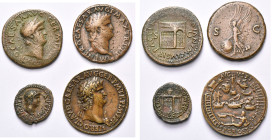 NERON (54-68), lot de 4 bronzes: as, R/ Vue du temple de Janus, Victoire; semis, R/ Table sur laquelle sont posées une urne et une couronne (corrosion...