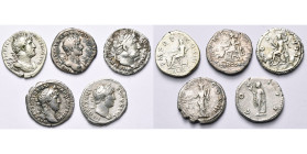 HADRIEN (117-138), lot de 5 deniers: R/ Salus assise, Concordia assise (fourré), Roma assise, Aequitas, Spes.

Beau à Très Beau