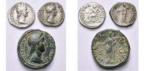 SABINE (†136), femme d'Hadrien, lot de 3 p.: denier (2), R/ Concordia assise, Junon (fourré); dupondius, légende SABINA AVGVSTA, R/ Concordia deb.

...