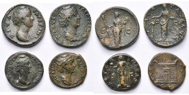 FAUSTINE l'Ancienne divinisée, lot de 4 bronzes: sesterce (2), R/ Vesta ten. torche et palladium (rare, éclat dans la patine au revers), Pietas versan...