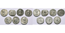 CARACALLA Auguste (198-217), lot de 7 deniers: R/ Trophée entre deux captifs, Victoire à d. (B), Victoire à g., L'empereur à cheval, Mars, Hercule; Gé...