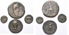 lot de 4 bronzes: Vespasien, quadrans, R/ SC dans une couronne; Domitien, sesterce, R/ Jupiter; as, R/ Moneta; quadrans, R/ SC.

Beau à Très Beau