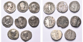 lot de 8 deniers: Trajan, R/ Cérès, Fortuna, L'empereur couronné par une Victoire (fourré); Hadrien, R/ Pietas (B à TB), Victoire, Libertas (fourré), ...