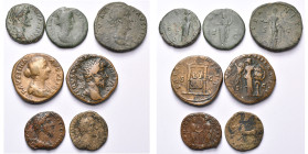 lot de 7 bronzes: Antonin le Pieux, as, R/ Pax (?); Faustine l'Ancienne, as, R/ Junon; divinisée, sesterce, R/ Aeternitas; Faustine la Jeune, sesterce...