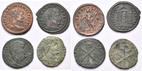 lot de 4 bronzes: Maximien Hercule Auguste, follis, R/ Génie; Maxence Auguste, follis, R/ Roma assise dans un temple; Magnence, double maiorina, R/ Ch...