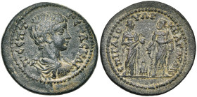 LYDIE, BAGIS, Géta César (198-209), AE bronze. D/ B. dr., cuir. à d. R/ Hygieia ten. un serpent qu'elle nourrit, et Asclépios ten. son bâton, deb. de ...