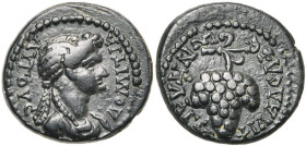 LYDIE, PHILADELPHIA, Domitia, femme de Domitien, AE bronze. D/ B. dr. à d. R/ Grappe de raisin. avec sarment. RPC 1336; BMC 64. 2,89 g. Belle patine v...