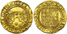 ESPAGNE, Royaume, Ferdinand et Isabelle (1474-1504), AV excelente, s.d., Séville. D/ B. affrontés des rois catholiques. Au centre, S. En dessous, une ...