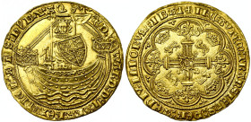GRANDE-BRETAGNE, Edouard III (1327-1377), AV noble, 1363-1369, Londres. Treaty period. Sans le titre de roi de France. D/ Le roi deb. de f. dans une n...