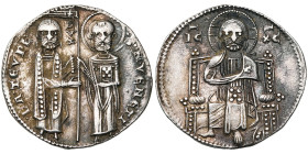 ITALIE, VENISE, Lorenzo Tiepolo (1268-1275), AR grosso. D/ Saint Marc remettant une bannière au doge. R/ Le Christ trônant de f. Pap. 112, 1; Paolucci...