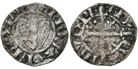 NORVEGE, Erik Magnusson (1280-1299), billon 1/2 penning, après 1285. D/ + ERIC MAGN REX NO[R] Ecu au lion ten. une hache. R/ Croix fleurdelisée et can...