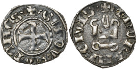 DUCHE D'ATHENES, Gui II de la Roche (1287-1308), billon denier tournois, 1294-1308. Ponctuation par trèfles. D/ + GVI DVX ATENES Croix. R/ + ThEBANI: ...