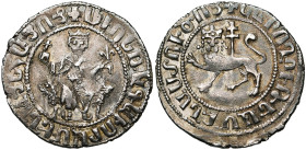ARMENIE, Royaume, Levon Ier (1199-1226), AR double tram. D/ Le roi trônant de f., ten. un globe crucigère et une fleur de lis. Trône orné de deux lion...