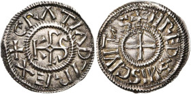 CAROLINGIENS, Charles le Chauve (840-877), AR denier, 864-877, Rennes. D/ + GRΛTIΛ D-I REX Monogramme carolin. R/ + HREDNIS CIVITΛS Croix. M.G. 1045;...