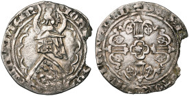 FRANCE, BRETAGNE, Duché, Jean IV (1345-1399), AR gros à l'écu heaumé, vers 1370, Rennes. D/ Ecu penché à dix mouchetures, sous un heaume cornu cimé du...