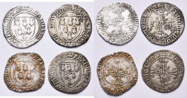 FRANCE, BRETAGNE, Duché, François II (1458-1488), lot de 4 gros à l'écu, Nantes (3) et Rennes. Jézéquel 413d, 413e, 413g, 414e.

presque Très Beau...
