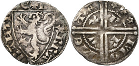 BRABANT, Duché, Jean Ier (1268-1294), AR esterlin, à partir de 1282, Bruxelles. D/ + D-VX BRA-BANTI-E Ecu au lion. R/ +-MO-NE-TA Croix double boulet...