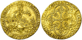 BRABANT, Duché, Jeanne et Wenceslas (1355-1383), AV franc à cheval, à partir de 1361, Louvain. D/ Chevalier au galop à g., brandissant son épée. R/ Cr...