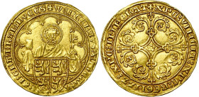 BRABANT, Duché, Jeanne et Wenceslas (1355-1383), AV Pieter d'or, 1375-1381, Louvain. D/ B. de saint Pierre de f., au-dessus de l'écu écartelé de Bohêm...