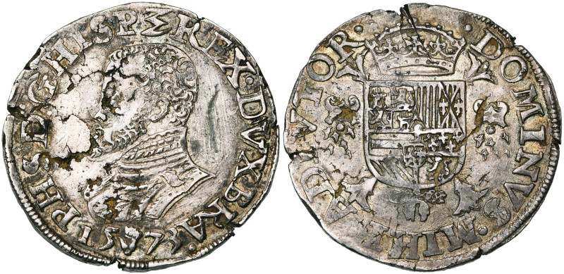 BRABANT, Duché, Philippe II (1555-1598), AR demi-écu Philippe, 1573, Anvers. D/ ...