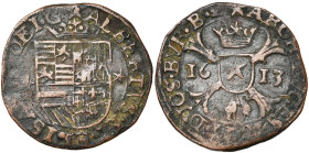 BRABANT, Duché, Albert et Isabelle (1598-1621), Cu liard (oord), 1613, Maastricht. D/ Ecu couronné entre deux étoiles. R/ Croix de Bourgogne avec l'éc...