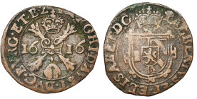 BRABANT, Duché, Albert et Isabelle (1598-1621), Cu gigot (duit), 1616, Bois-le-Duc. D/ Ecu couronné. R/ Croix de Bourgogne sous une couronne. G.H. 300...