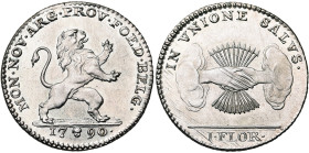 BRABANT, Duché, Etats-Belgiques-Unis (1790), AR florin, 1790, Bruxelles. Deuxième type. D/ Lion deb. à d. R/ Deux mains serrées sortant des nuées, ten...