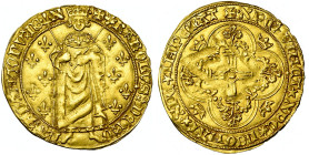FRANCE, Royaume, Charles VII (1422-1461), AV royal d'or, 2e émission (avril 1431), point 7e, Angers. D/ Le roi deb. de f., vêtu d'une robe et d'un man...