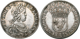 FRANCE, Royaume, Louis XIV (1643-1715), AR écu à la mèche courte, 1643 A, Paris. Rosette initiale. D/ B. enfantin, l., dr. et cuir. à d. Petite étoile...