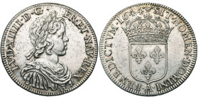 FRANCE, Royaume, Louis XIV (1643-1715), AR demi-écu à la mèche courte, 1644 A, Paris. Rosette initiale. D/ B. enfantin, l., dr. et cuir. à d. R/ Ecu d...